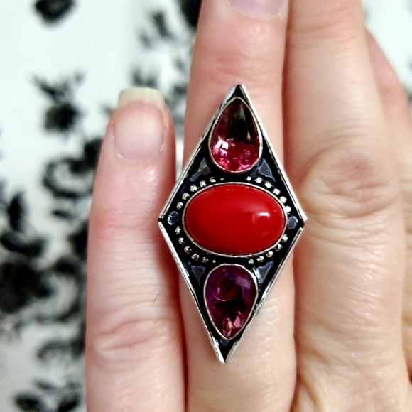 New Coral and Bi-Color Tourmaline 925 Silver Ring. - Picture 6 of 8
